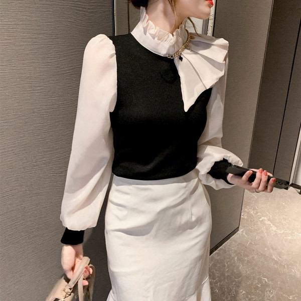 Γυναικείο πουκάμισο ασύμμετρο με μπούκλες και ημίψηλο γιακά