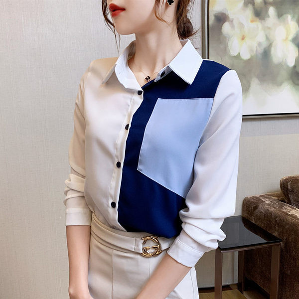 Дамска синьо-бяла риза от шифон с класическа яка и копчета 