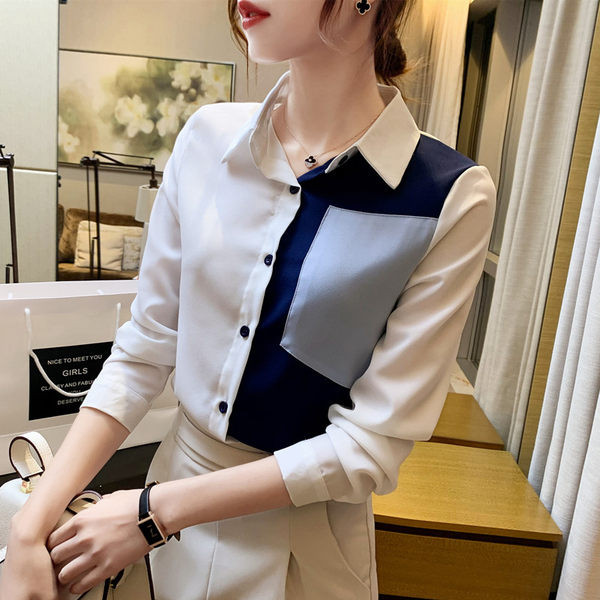 Дамска синьо-бяла риза от шифон с класическа яка и копчета 