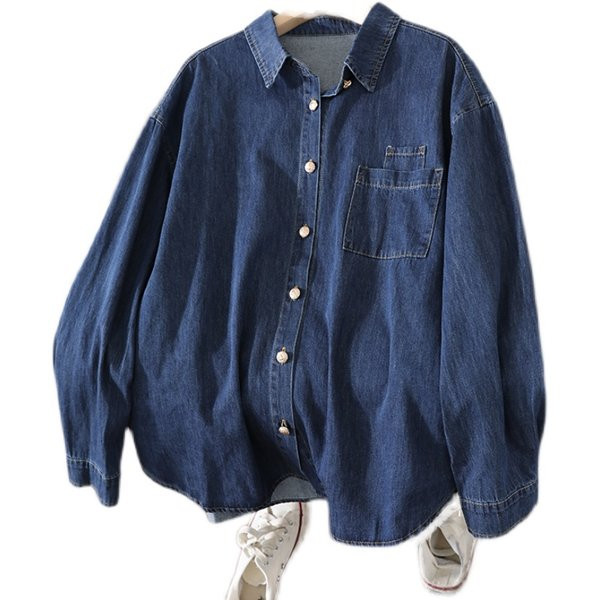 Широка риза от деним с джоб и копчета