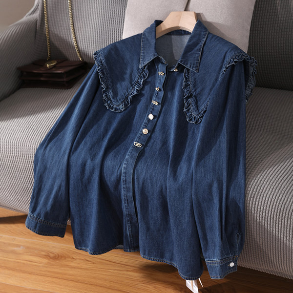 Дамска риза от деним с класическа яка и къдри