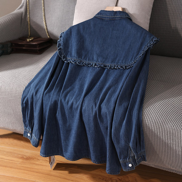 Дамска риза от деним с класическа яка и къдри