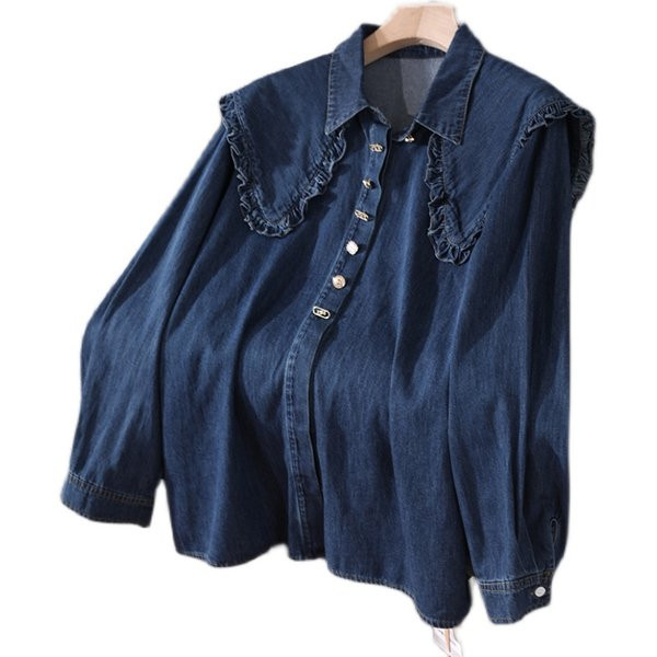 Дамска риза от деним с класическа яка и къдри