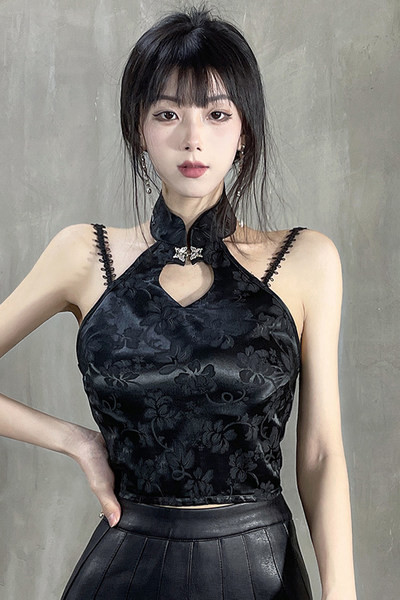 Дамски потник с дантела - черен цвят