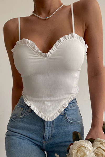 Kratka asimetrična majica bez rukava s kovrčama i tankim naramenicama