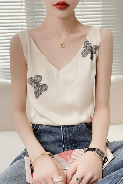 Летен сатенен потник с широки презрамки и щампа