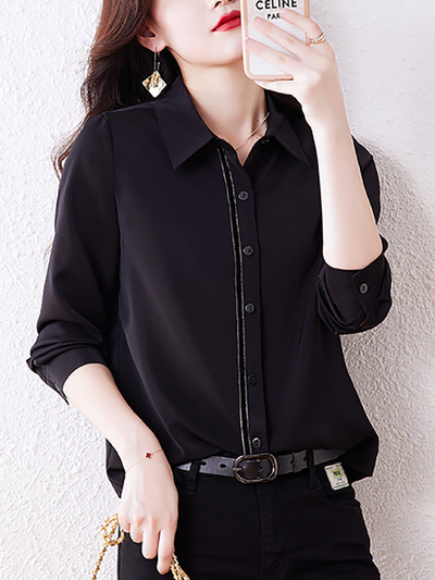 Ежедневна дамска риза с дълъг ръкав-черен цвят