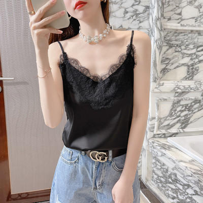 Elegantna satenska majica bez rukava s čipkom i tankim naramenicama