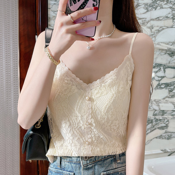 Γυναικείο καλοκαιρινό φανελάκι με δαντέλα και πέρλες