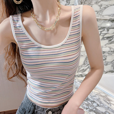 Naiste laiade rihmade ja ümara kaelusega triibuline topp