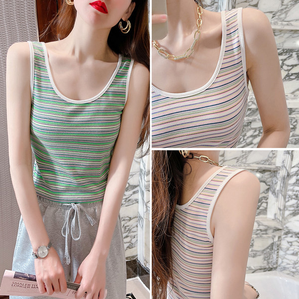 Naiste laiade rihmade ja ümara kaelusega triibuline topp