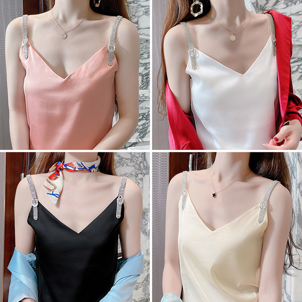 Γυναικείο σατέν φανελάκι με διακοσμητικές πέτρες και λαιμόκοψη 