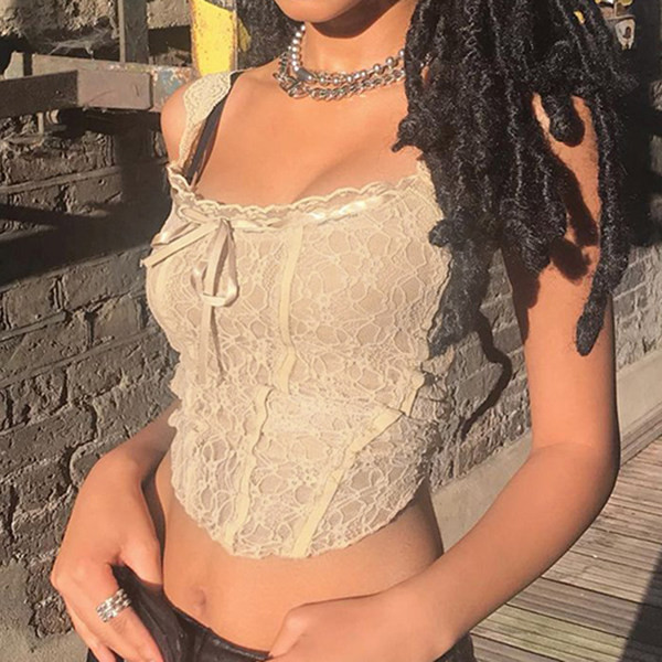 Čipkana ženska majica bez rukava s vezicama