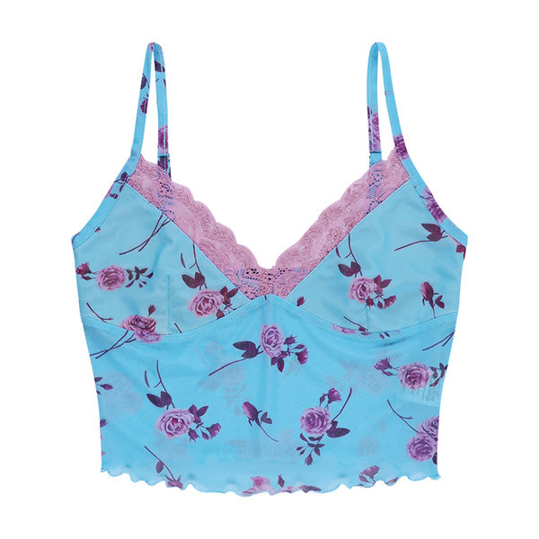 Γυναικείο κοντό φανελάκι με δαντέλα και φλοράλ μοτίβο