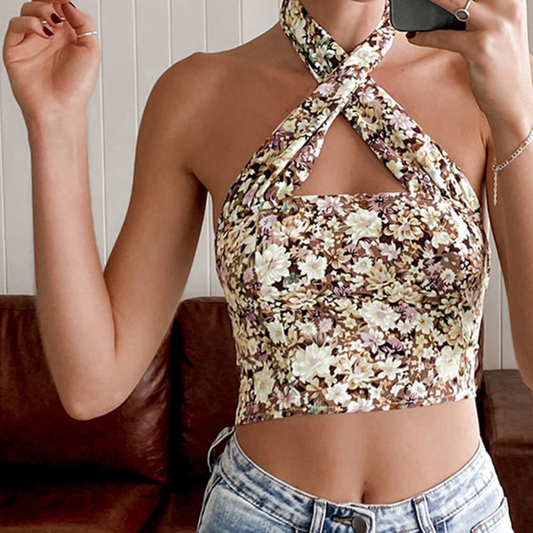 Kratka ženska majica bez rukava sa cvjetnim motivima