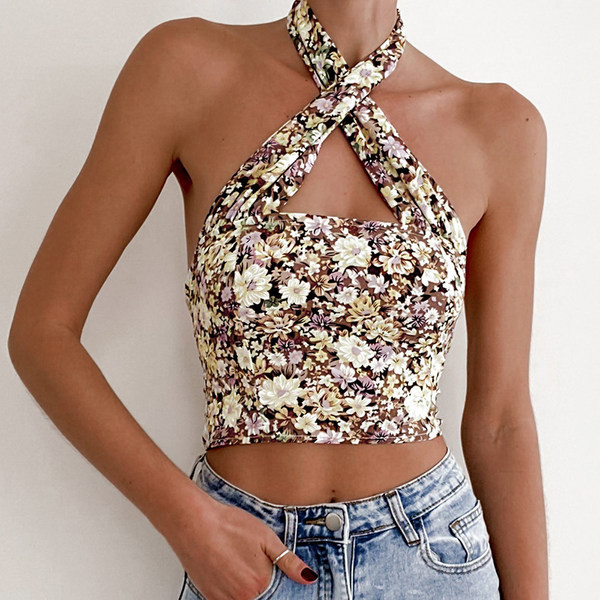 Kratka ženska majica bez rukava sa cvjetnim motivima