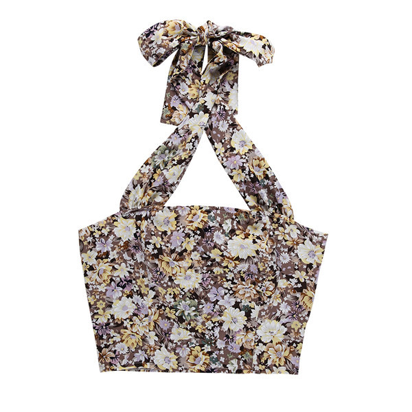 Kratka ženska majica bez rukava sa cvjetnim motivima