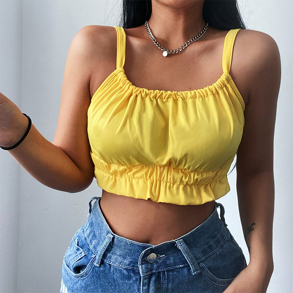 Късо дамско бюстие с овално деколте и къдри