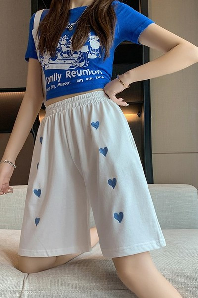 Naiste lühikesed laiad elastse vöökoha ja tikandiga püksid