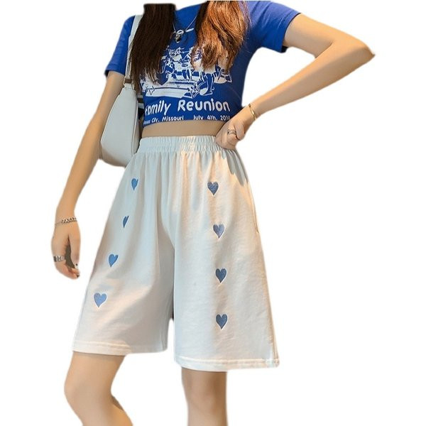 Naiste lühikesed laiad elastse vöökoha ja tikandiga püksid