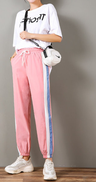 Casual γυναικείο παντελόνι με μπορντούρα - μαύρο και ροζ χρώμα