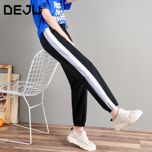 Casual γυναικείο παντελόνι με μπορντούρα - μαύρο και ροζ