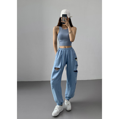 Καθημερινό φαρδύ παντελόνι με σκισμένο εφέ