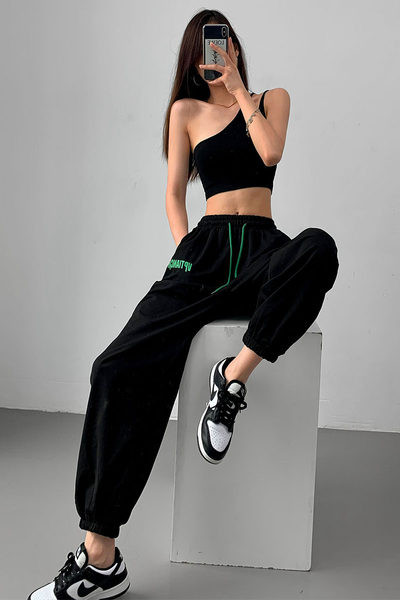 Γυναικείο αθλητικό παντελόνι με ψηλή μέση και επιγραφή