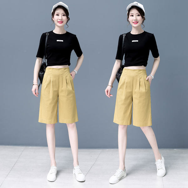 Casual γυναικείο παντελόνι 3/4 με ψηλόμεσο - μαύρο και κίτρινο χρώμα