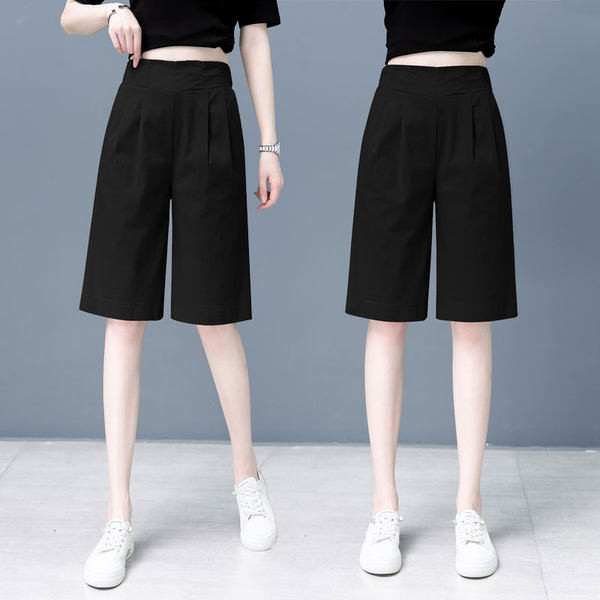 Casual γυναικείο παντελόνι 3/4 με ψηλόμεσο - μαύρο και κίτρινο χρώμα