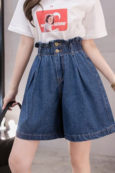 Naiste vabaaja lühikesed püksid kõrge teksariidest vöökohaga