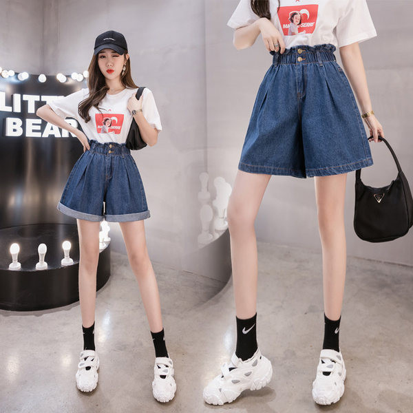 Naiste vabaaja lühikesed püksid kõrge teksariidest vöökohaga