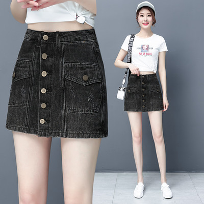 Κοντή γυναικεία τζιν φούστα με κουμπιά δίο χρώματα