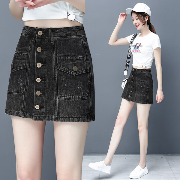 Κοντή γυναικεία τζιν φούστα με κουμπιά δίο χρώματα