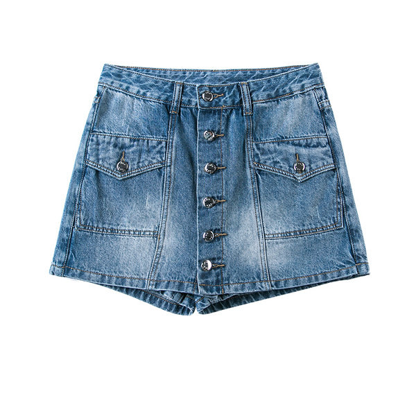 Κοντή γυναικεία τζιν φούστα με κουμπιά δίο χρώματα