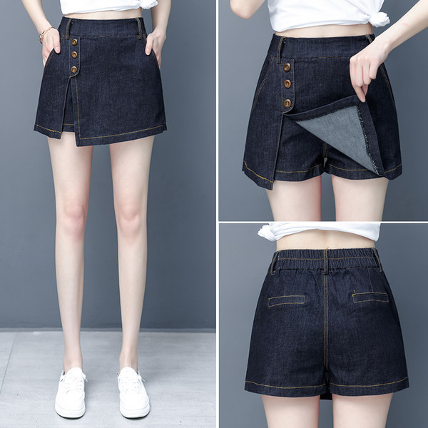 Moderna ženska suknja-hlače na gumbe - plava i smeđa