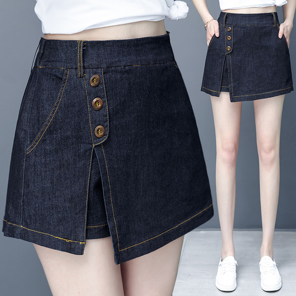 Moderna ženska suknja-hlače na gumbe - plava i smeđa