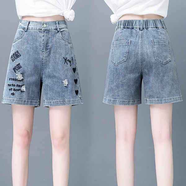 Къси ежедневни дънки с ластична талия и бродерия