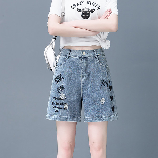 Къси ежедневни дънки с ластична талия и бродерия