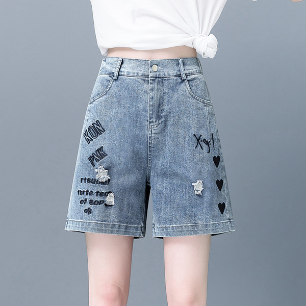 Къси ежедневни дънки с ластична талия и бродерия