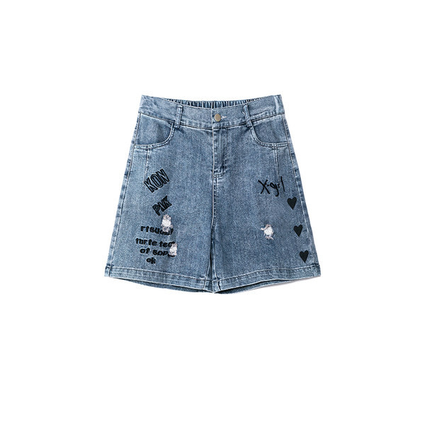 Къси ежедневни дънки с ластична талия и бродерия