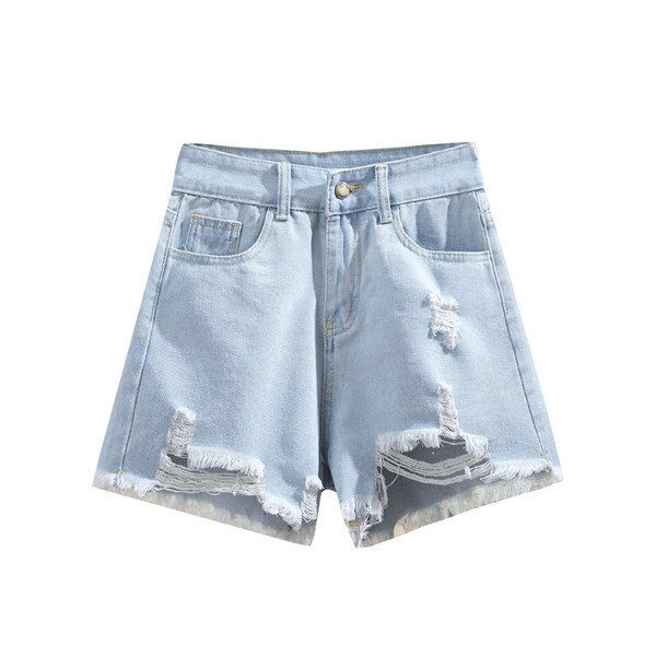 Naiste lühikesed kõrge vöökoha ja rebenenud motiividega teksapüksid