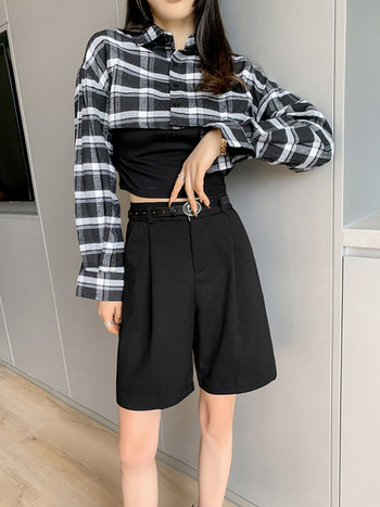 Μοντέρνο γυναικείο παντελόνι 3/4 με ζώνη καφέ και μαύρο χρώμα