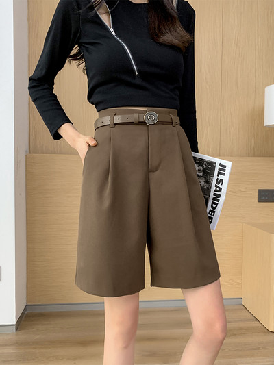 Модерни дамски 3/4 панталони с колан-кафяв и черен цвят