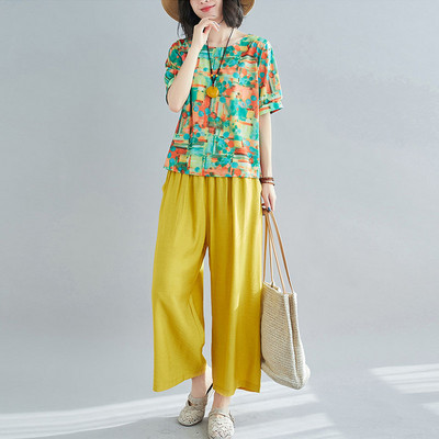 Casual γυναικείο σετ μπλουζάκι και φαρδύ παντελόνι