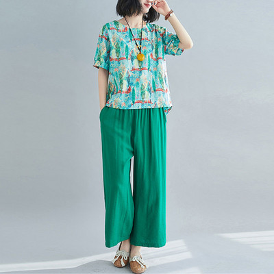 Casual γυναικείο σετ μπλουζάκι και φαρδύ παντελόνι