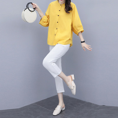 Naiste vabaaja komplekt kaheosalisest 3/4 varrukatega pluusi ja 9/10 pikkuste pükstega