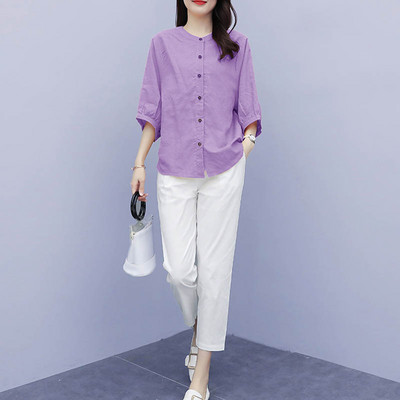 Naiste vabaaja komplekt kaheosalisest 3/4 varrukatega pluusi ja 9/10 pikkuste pükstega