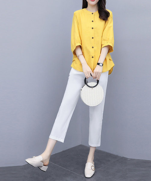 Naiste vabaaja komplekt kaheosalisest 3/4 varrukatega pluusi ja 9/10 pikkuste pükstega