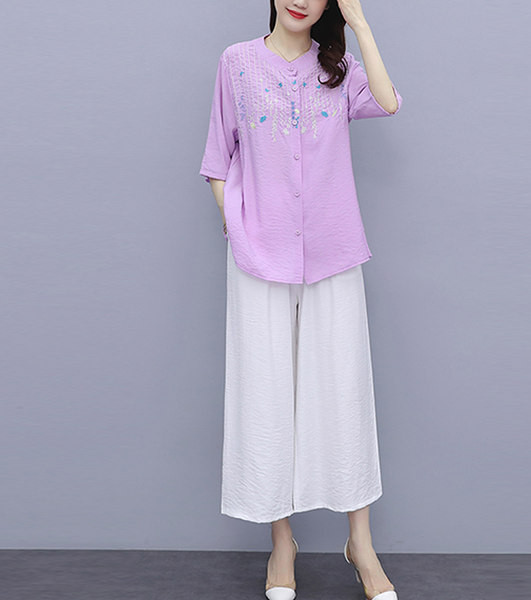 Pamučni ljetni komplet - košulja s vezom i široke hlače